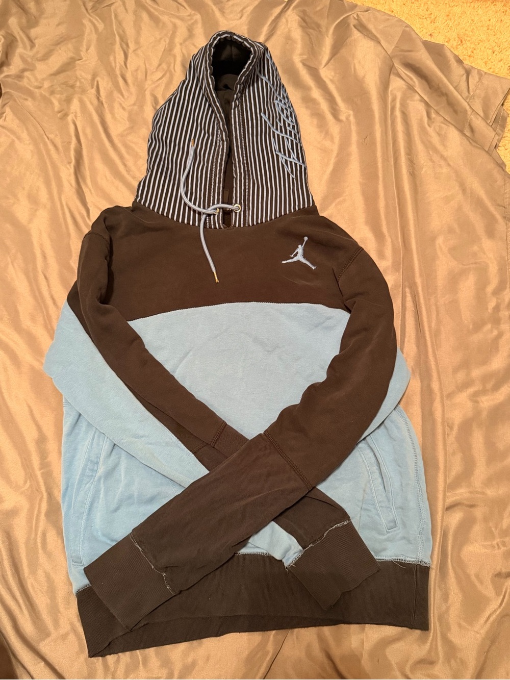 Jordan Brown & Light Blue Colorblock Hoodie with Striped Hood